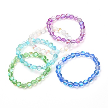 Synthetic Moonstone Stretch Bracelets for Teen Girl Women, Reiki Crystal Gift for Her, Mixed Color, Inner Diameter: 2-1/8 inch(5.5cm), Beads: 8mm