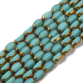 Electroplate Glass Beads Strands, Opaque Solid Color, Half Golden Plated, Faceted, Oval, Dark Turquoise, 7x4.5x3.5mm, Hole: 0.8mm, about 49~51pcs/strand, 12.99''~13.90''(33~35.3cm)