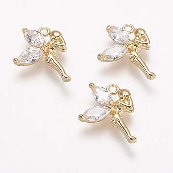Brass Micro Pave Cubic Zirconia Pendants, Real 18K Gold Plated, Fairy, 15x11.5x3mm, Hole: 1mm