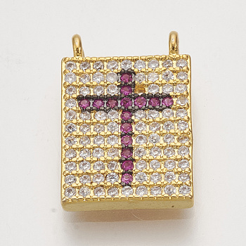 Brass Cubic Zirconia Pendants, Rectangle with Cross, Golden, Camellia, 16x11x2.5mm, Hole: 1mm