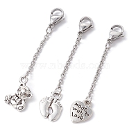 Tibetan Style Alloy Pendant Decoration, with 304 Stainless Steel Lobster Claw Clasps, Heart/Bear/Footprint, Antique Silver & Stainless Steel Color, 53~55x2mm, 3pcs/set.(HJEW-JM01226-05)
