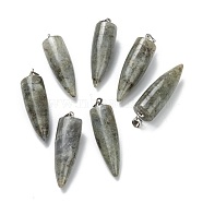 Natural Labradorite Pendants, with Platinum Brass Findings, Bullet, 32~35x10~11mm, Hole: 7X3mm(G-D040-01P-B04)