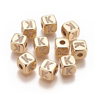 Brass Micro Pave Cubic Zirconia Beads, Horizontal Hole, Real 18K Gold Plated, Long-Lasting Plated, Cube with Letter, Clear, Letter.K, 9x9x9mm, Hole: 3.5mm(X-KK-K238-16G-K)