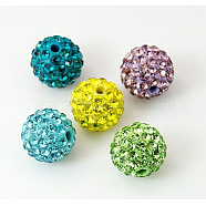 Polymer Clay Rhinestone Beads, Pave Disco Ball Beads, Grade A, Half Drilled, Round, Mixed Color, PP9(1.5.~1.6mm), 6mm, Hole: 1.2mm(RB-H284-6MM-Half-M)