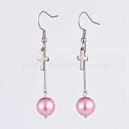 Glass Pearl Dangle Earrings, with Platinum Plated Iron Bar Links, 304 Stainless Steel Charms and 316 Surgical Stainless Steel Earring Hooks, Cross, Pearl Pink, 56mm, Pin: 0.7mm(EJEW-JE03965-05)