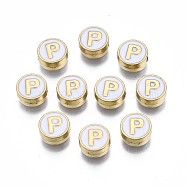 Alloy Enamel Beads, Cadmium Free & Lead Free, Light Gold, Flat Round with Alphabet, White, Letter.P, 8x4mm, Hole: 1.5mm(ENAM-N052-006-01P-RS)