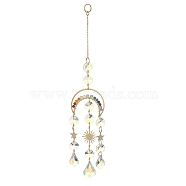 Glass Teardrop Pendant Decorations, Hanging Suncatchers, with Chakra Natural Gemstone & Brass Moon Charm, for Home Decorations, Sun/Star, Moon, 255x49x1~8mm(HJEW-JM01164)