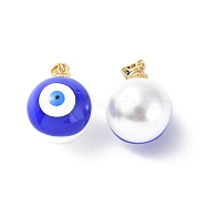 Shell Enamel Pendants, with Real 18K Gold Plated Brass Findings, Long-Lasting Plated, Round with Evil Eye Charm, Medium Blue, 20x16x17mm, Hole: 3.5x4.5mm(KK-G449-02H)