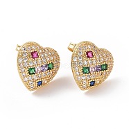 Colorful Cubic Zirconia Heart Stud Earring, Brass Jewelry for Women, Real 18K Gold Plated, 14x14mm, Pin: 0.7mm(EJEW-C008-02G)