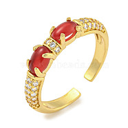 Oval Rack Plating Brass Micro Pave Cubic Zirconia Open Cuff Rings for Women, Cadmium Free & Lead Free, Long-Lasting Plated, Real 18K Gold Plated, Red, 4.4mm, Adjustable(RJEW-F162-05G-01)