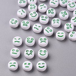 White Opaque Acrylic Beads, Flat Round with Expression, Medium Sea Green, 7x4mm, Hole: 1.6mm, about 3650pcs/500g(MACR-N008-42-A06)