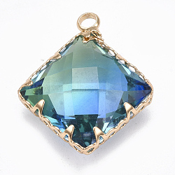K9 Glass Pendants, Imitation Tourmaline, with Brass Findings, Faceted, Rhombus, Golden, Colorful, 19.5x16x7mm, Hole: 1.5mm(X-GLAA-T002-07B)