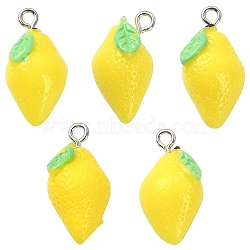 Opaque Resin Pendants, Lemon Charms, Imitation Food, with Platinum Tone Iron Loops, Yellow, 20~24x12x12mm, Hole: 2mm(RESI-YW0001-29)