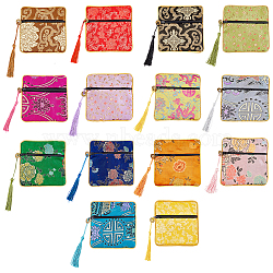 14Pcs 14 Colors Chinese Brocade Tassel Zipper Jewelry Bag Gift Pouch, Square, Mixed Color, 11.5x11.5cm, 1pc/color(ABAG-NB0001-21)