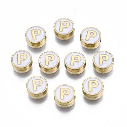 Alloy Enamel Beads, Cadmium Free & Lead Free, Light Gold, Flat Round with Alphabet, White, Letter.P, 8x4mm, Hole: 1.5mm(ENAM-N052-006-01P-RS)