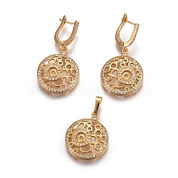 Brass Micro Pave Cubic Zirconia Jewelry Sets, Pendant and Earrings, Long-Lasting Plated, Half Round, Real 24K Gold Plated, 25x20x4mm, Hole: 4.5x7mm; 40mm, Pin: 1mm(SJEW-F189-20G)