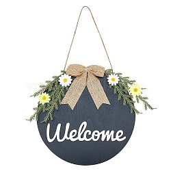 Welcome Sign Natural Wood Door Hanging Decoration for Front Door Decoration, with Hemp Rope, Flat Round with Bowknot, Black, 52cm(HJEW-WH0008-51)