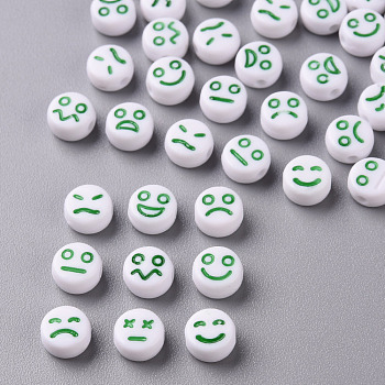 White Opaque Acrylic Beads, Flat Round with Expression, Medium Sea Green, 7x4mm, Hole: 1.6mm, about 3650pcs/500g
