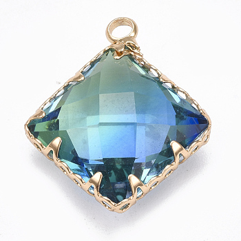 K9 Glass Pendants, Imitation Tourmaline, with Brass Findings, Faceted, Rhombus, Golden, Colorful, 19.5x16x7mm, Hole: 1.5mm