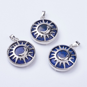 Natural Lapis Lazuli Pendants, with Brass Findings, Flat Round with Sun & Moon, Platinum, 31x27.5x8mm, Hole: 5x7mm