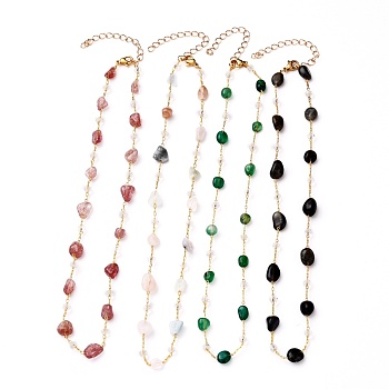 Nuggets Natural Gemstone Beaded Necklaces, with Glass Beads, Brass Cable Chains and 304 Stainless Steel Lobster Claw Clasps, Golden, 15.55 inch(39.5cm)