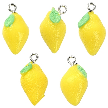 Opaque Resin Pendants, Lemon Charms, Imitation Food, with Platinum Tone Iron Loops, Yellow, 20~24x12x12mm, Hole: 2mm