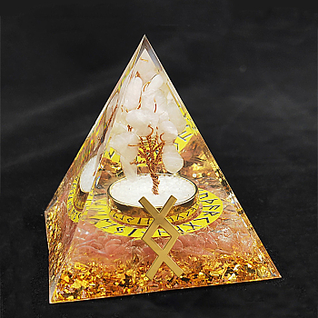 Viking Rune Symbol Orgonite Pyramid Resin Display Decorations, with Natural Quartz Crystal Chips Inside, for Home Office Desk, 50~60mm