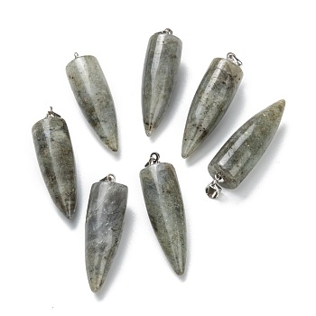 Natural Labradorite Pendants, with Platinum Brass Findings, Bullet, 32~35x10~11mm, Hole: 7X3mm