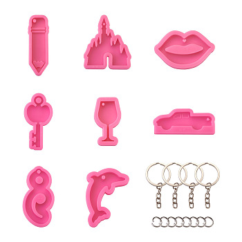 DIY Silicone Keychain Making Molds, with Silicone Pendant Molds and 304 Stainless Steel Open Jump Rings, Iron Keychain Clasp Findings, Hot Pink, 8.7x3.1x1cm, Hole: 4.5mm