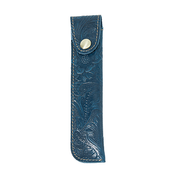Crazy Horsehide Pen Sleeve Pouch, Fountain Pen Protective Cover, Single Pen Holder, with Alloy Snap Button, Rectangle, Marine Blue, 170x36x16mm