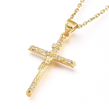 Easter Theme Brass Micro Pave Clear Cubic Zirconia Pendant Necklaces, with 304 Stainless Steel Cable Chains, Crucifix Cross, Golden, 17.71 inch(45cm)