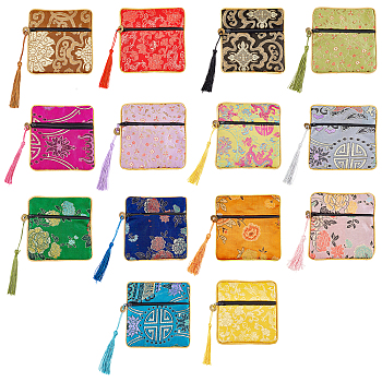 14Pcs 14 Colors Chinese Brocade Tassel Zipper Jewelry Bag Gift Pouch, Square, Mixed Color, 11.5x11.5cm, 1pc/color