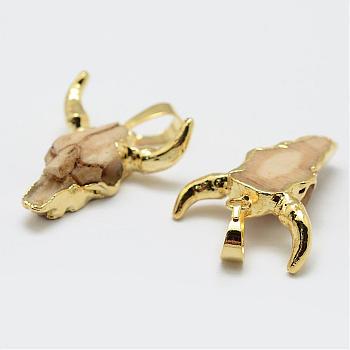 Resin Pendants, with Brass Findings, Cattle Head, Golden, 26x22x7mm, Hole: 5x8mm