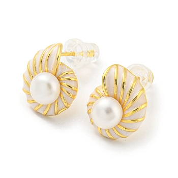 Brass Conch Stud Earrings with Natural Pearl, with 925 Sterling Silver Pins, Real 18K Gold Plated, 12x10mm