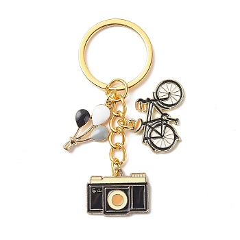 Hot Air Balloon/Camera/Bicycle Alloy Enamel Pendant Keychain, with Iron Findings, Golden, 6.95cm