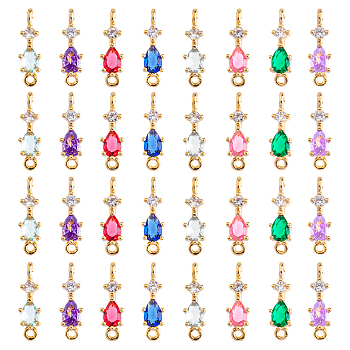32Pcs 8 Colors Brass Cubic Zirconia Connector Charms, with Glass, Light Gold, Flower, Mixed Color, 17x3x3.5mm, Hole: 1.5mm, 4pcs/color