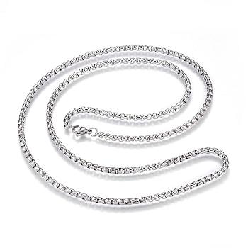 304 Stainless Steel Box Chain Necklaces, with Lobster Claw Clasps, Stainless Steel Color, 27.5 inch(70cm), 3.5mm