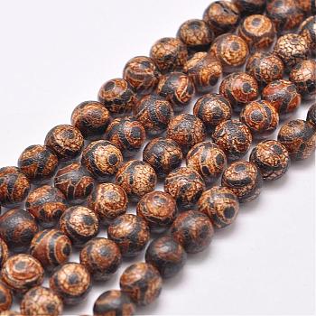 Tibetan Style 3-Eye dZi Beads Strands, Natural & Dyed Agate Beads, Matte Style, Round, Saddle Brown, 10mm, Hole: 1.5mm, about 39pcs/strand, 16 inch