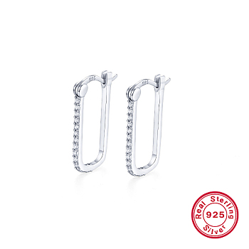 Geometric Rectangle Rhodium Plated 925 Sterling Silver Micro Pave Cubic Zirconia Hoop Earrings, Clear, 20x1mm