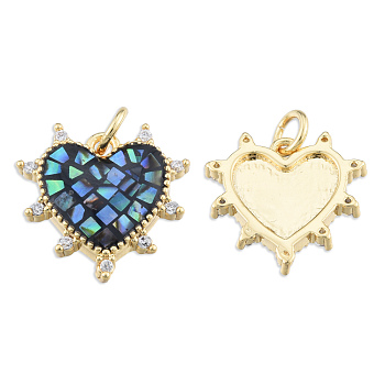 Brass Micro Pave Clear Cubic Zirconia Pendants, with Jump Rings and Shell, Enamel, Real 18K Gold Plated, Nickel Free, Heart, Black, 15.5x15.5x3mm, Jump Ring: 5x1mm, 3mm inner diameter