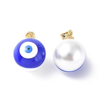 Shell Enamel Pendants, with Real 18K Gold Plated Brass Findings, Long-Lasting Plated, Round with Evil Eye Charm, Medium Blue, 20x16x17mm, Hole: 3.5x4.5mm