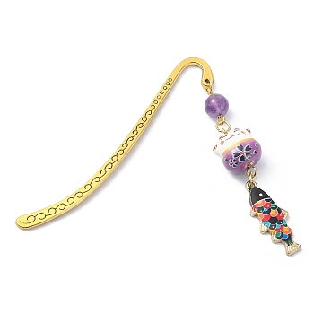 Japanese Style Maneki-neko Bookmark, Lucky Cat & Fish Pendant Bookmark with Natural Round Amethyst, Alloy Hook Bookmarks, 84mm