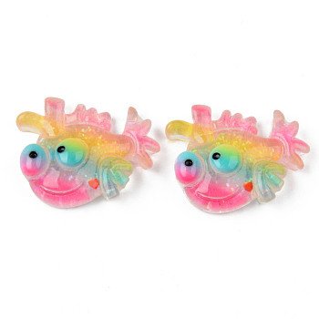 Rainbow Resin Cabochons, with Glitter, Fish Shape, Colorful, 26x27x8mm