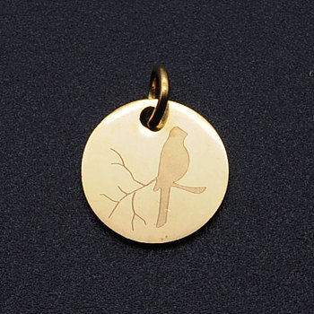 201 Stainless Steel Charms, with Jump Rings, Flat Round with Bird, Golden, 12x1mm, Hole: 3mm