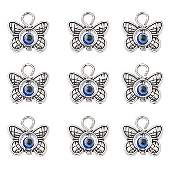 30Pcs Tibetan Style Alloy & Evil Eye Resin Pendants, with Platinum Tone Iron Loops, Butterfly Charms, Antique Silver, 15x15.5x4mm, Hole: 2.5mm