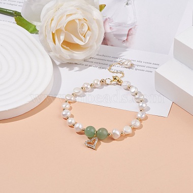 Natural Green Aventurine & Pearl Beaded Bracelet with Cubic Zirconia Heart Charm(BJEW-JB08167-02)-2