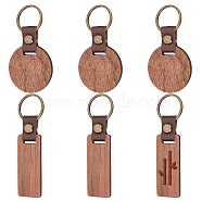 6Pcs 2 Style Imitation Leather & Walnut Wood Keychain, with Iron Findings, Rectangle & Round, Coconut Brown, 9.1~10.8cm, 3pcs/style(KEYC-NB0001-47)