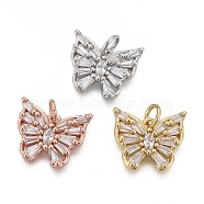 Brass Micro Pave Clear Cubic Zirconia Charms, with Jump Rings, Long-Lasting Plated, Butterfly Shape, Mixed Color, 12x14x3mm, Hole: 3mm(KK-F821-15)