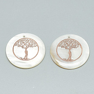 Freshwater Shell Pendants, Covered with Iron Findings, Flat Round with Tree of Life, Rose Gold, 30~31x2~3mm, Hole: 1.8mm(SHEL-Q016-013RG)