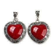 Synthetic Turquoise Dyed Pendants, Heart Charms with Antique Silver Plated Alloy Findings, Dark Red, 54mm, Pendant: 39.5x35x10mm, Hole: 7.5x5.5mm(G-H308-02AS-01)